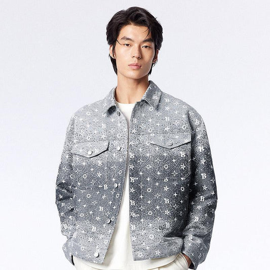 Men's Loose Fit 3D Jacquard Denim Jacket – White Gradient Design for Spring and Fall 1