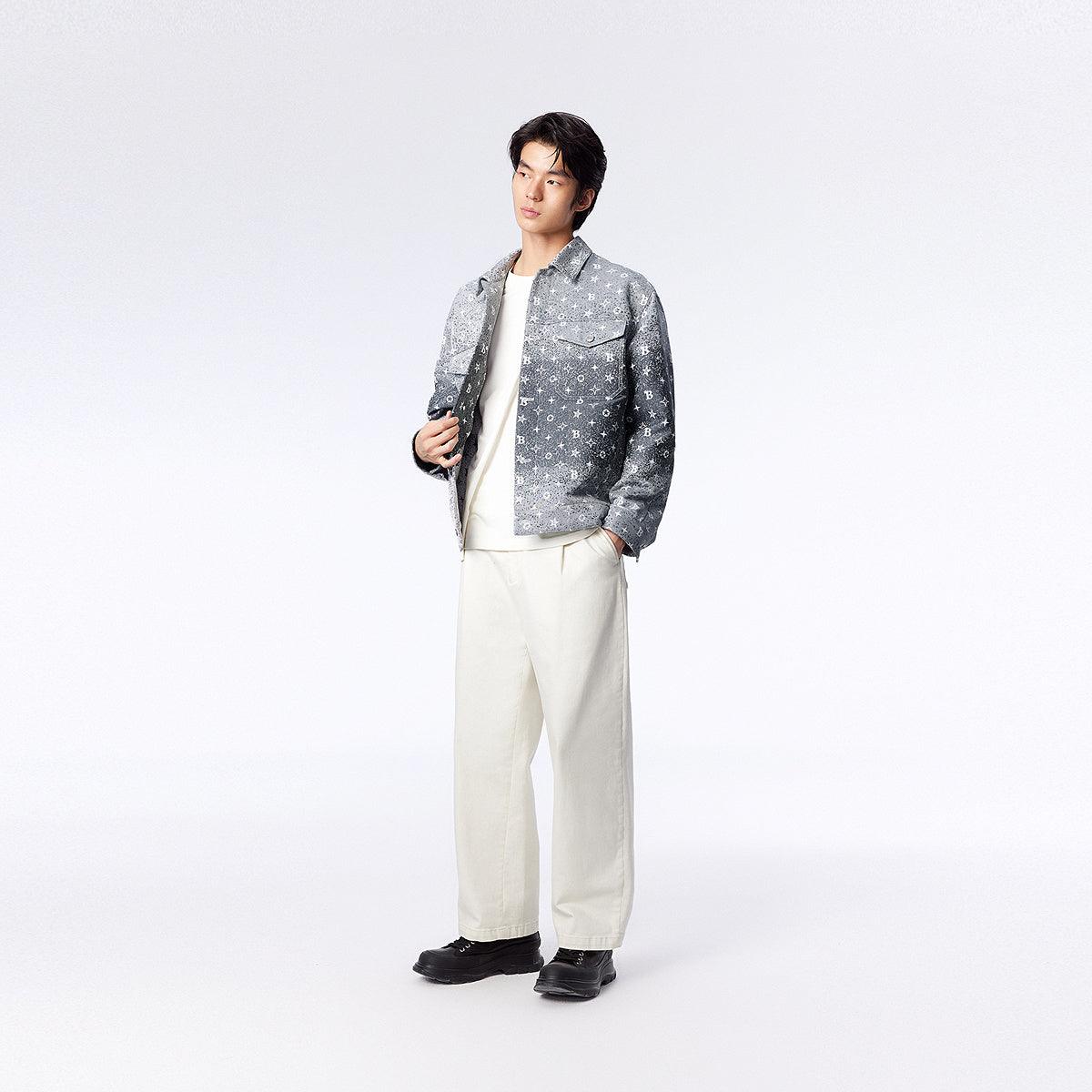 Men's Loose Fit 3D Jacquard Denim Jacket – White Gradient Design for Spring and Fall 8