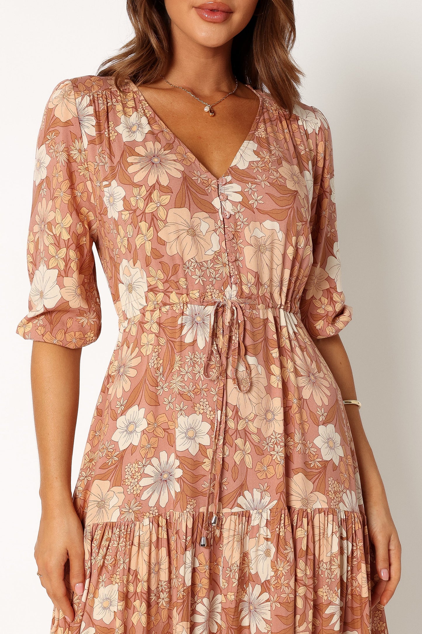 Tan Floral Maxi Dress with V Neckline and Tie Waist – Women's Summer Dress for Effortless Elegance