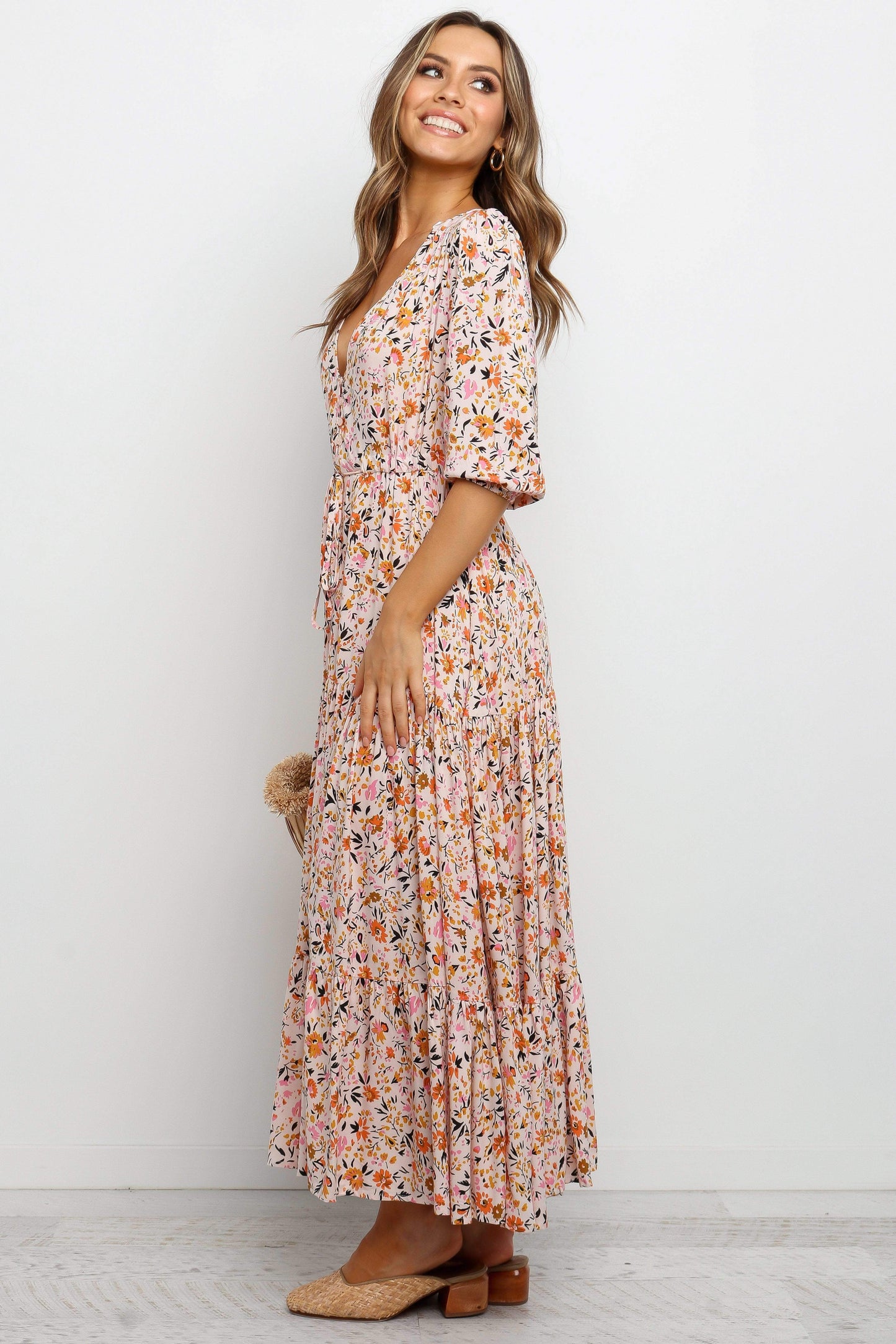 Beige Long Sleeve Maxi Dress with V Neckline and Tie Detail – Elegant Maxi Dresses for Women