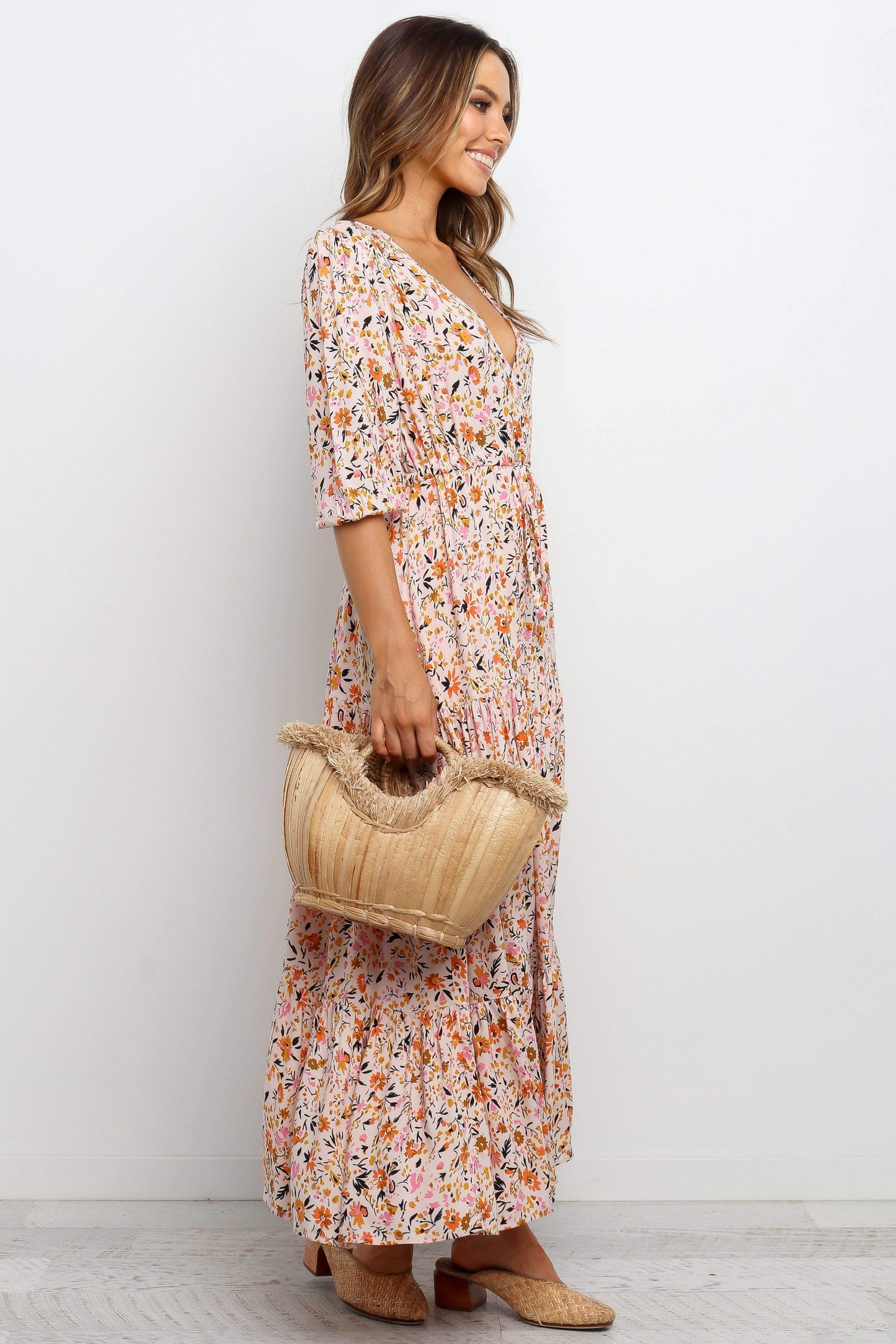 Beige Long Sleeve Maxi Dress with V Neckline and Tie Detail – Elegant Maxi Dresses for Women