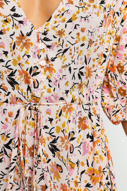 Beige Long Sleeve Maxi Dress with V Neckline and Tie Detail – Elegant Maxi Dresses for Women