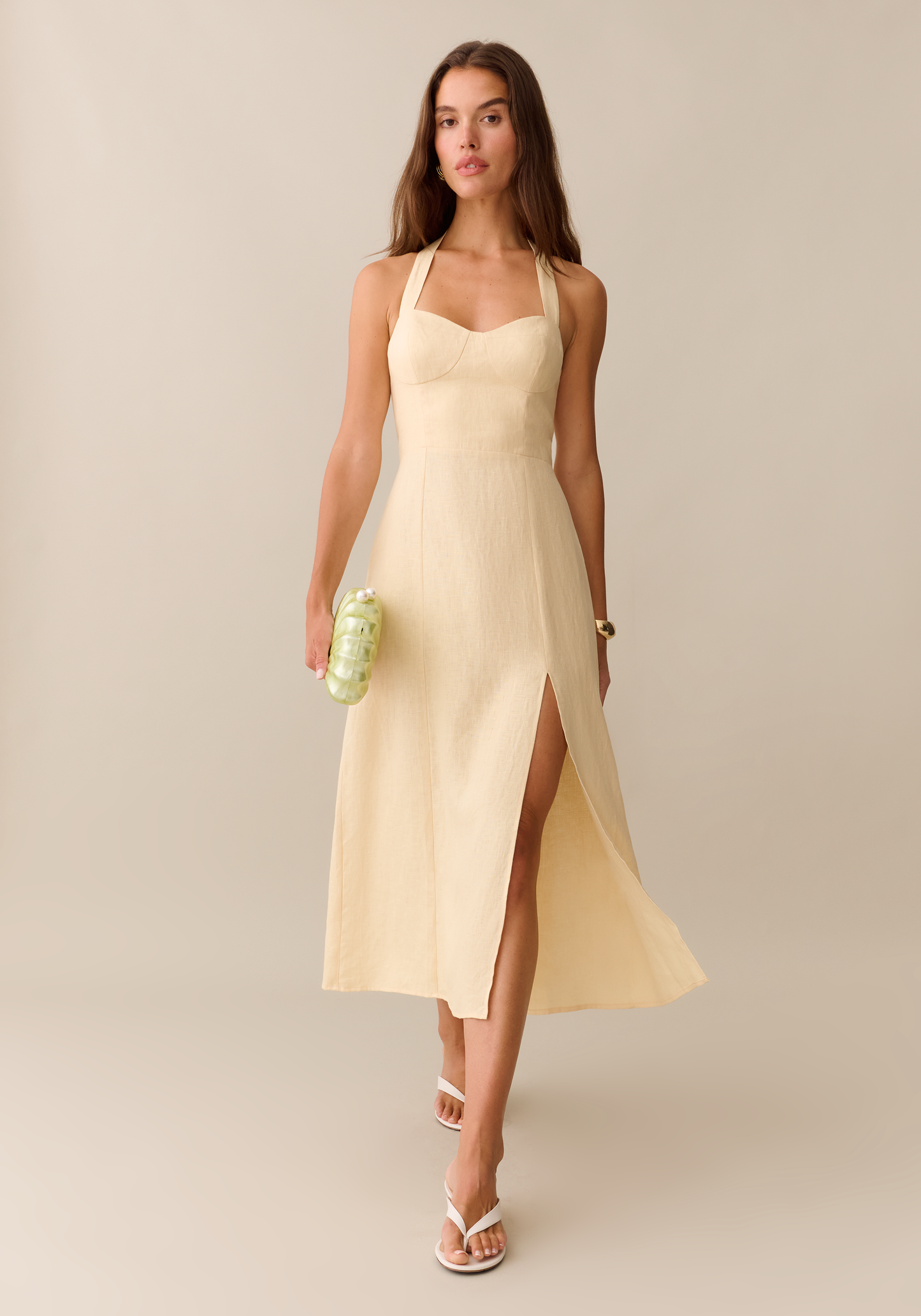 Elegant Halter Neck Linen Women's Dress with Side Slit – Summer Dress with Sweetheart Neckline and Adjustable Fit