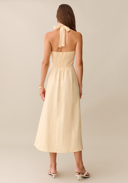 Elegant Halter Neck Linen Women's Dress with Side Slit – Summer Dress with Sweetheart Neckline and Adjustable Fit
