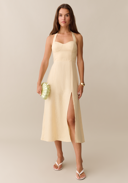 Elegant Halter Neck Linen Women's Dress with Side Slit – Summer Dress with Sweetheart Neckline and Adjustable Fit