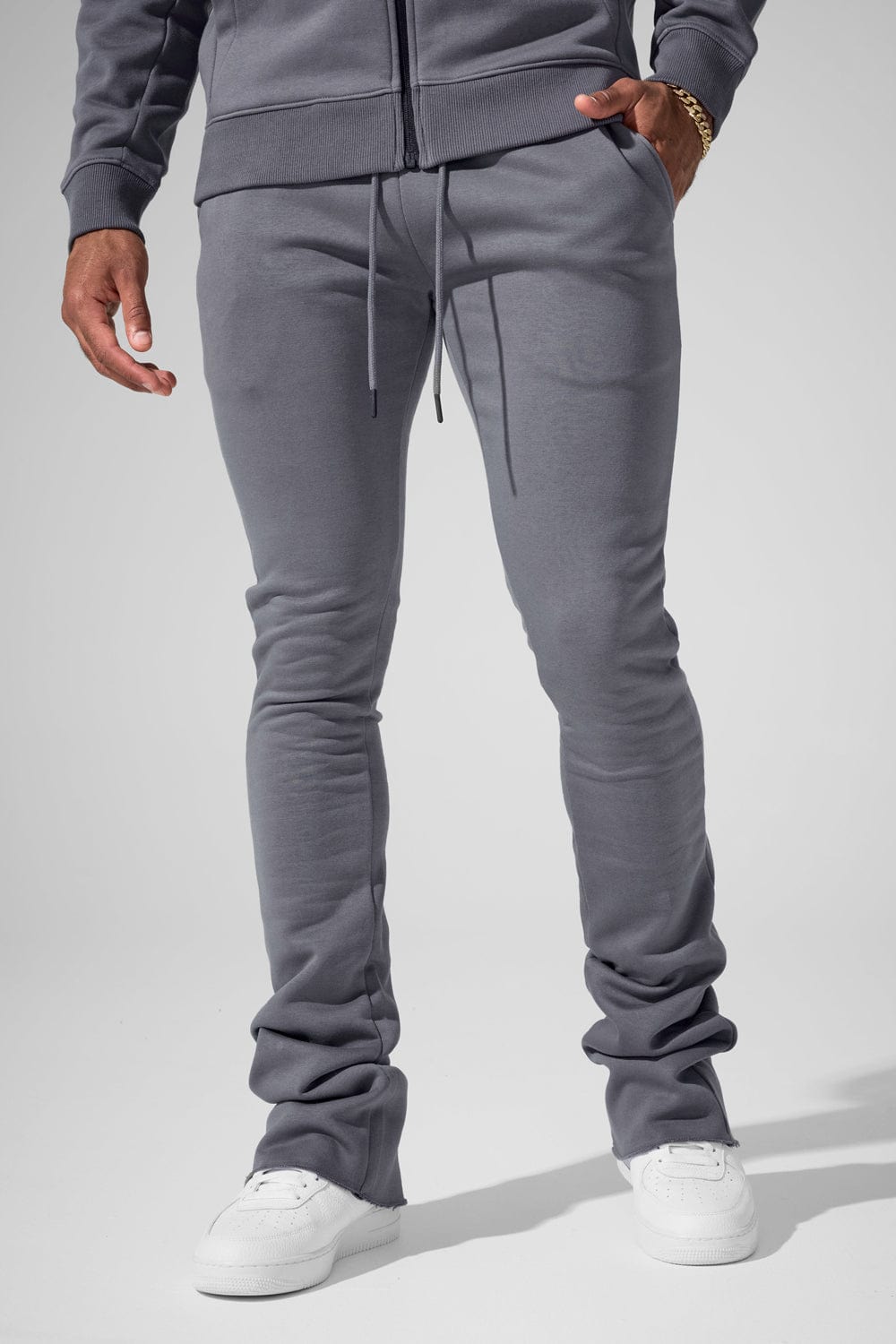 Stacked Sweatpants with Extended Inseam and Ribbed Waistband – Combed Cotton Fleece Joggers for Men 21