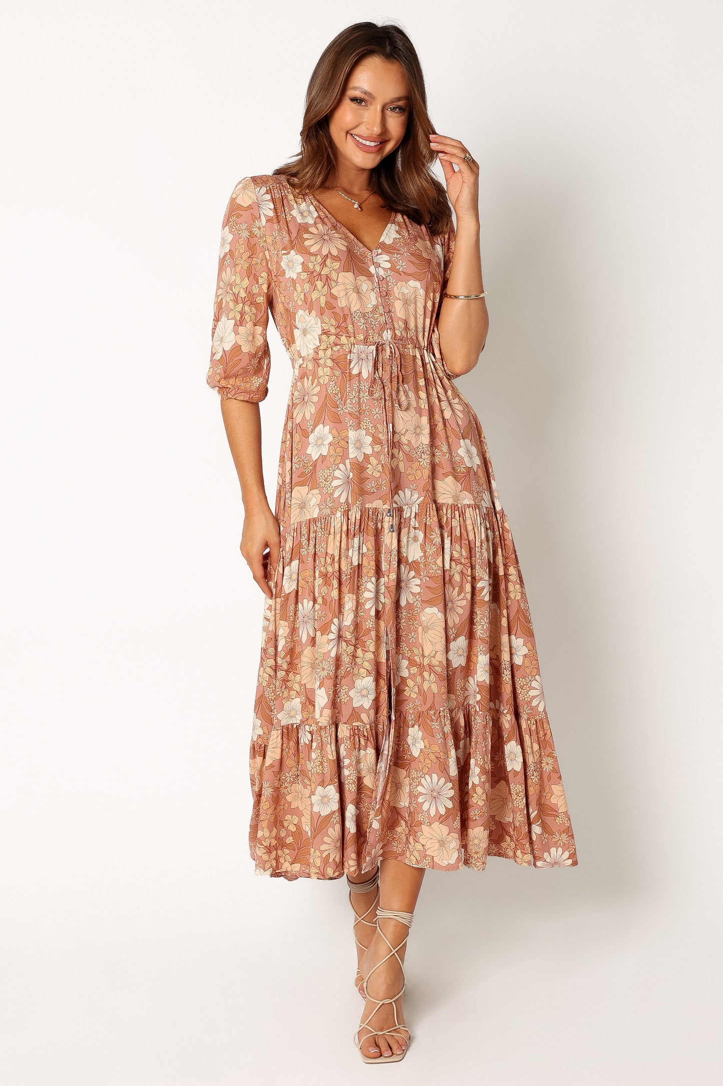Tan Floral Maxi Dress with V Neckline and Tie Waist – Women's Summer Dress for Effortless Elegance