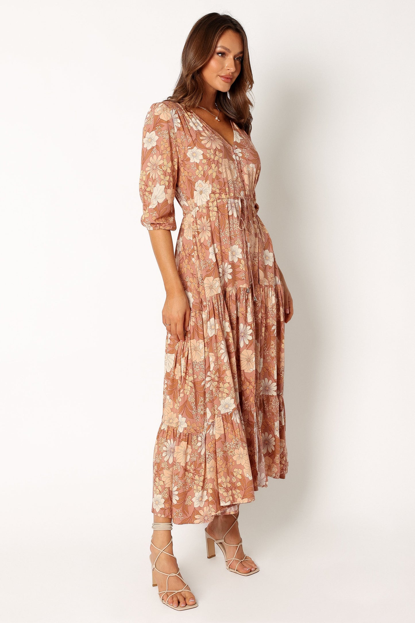 Tan Floral Maxi Dress with V Neckline and Tie Waist – Women's Summer Dress for Effortless Elegance
