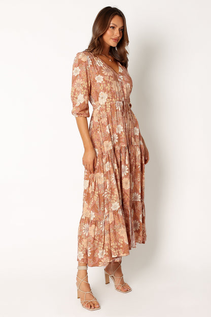 Tan Floral Maxi Dress with V Neckline and Tie Waist – Women's Summer Dress for Effortless Elegance