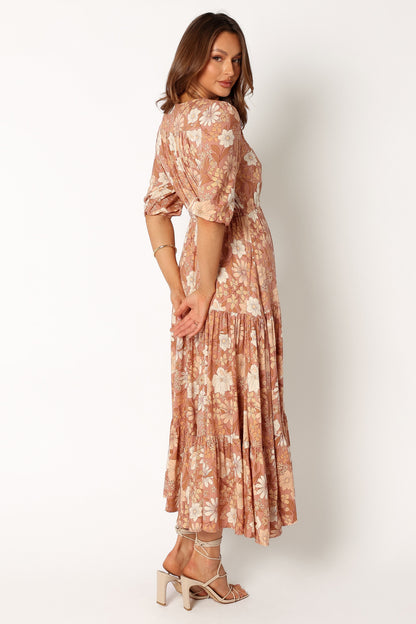 Tan Floral Maxi Dress with V Neckline and Tie Waist – Women's Summer Dress for Effortless Elegance