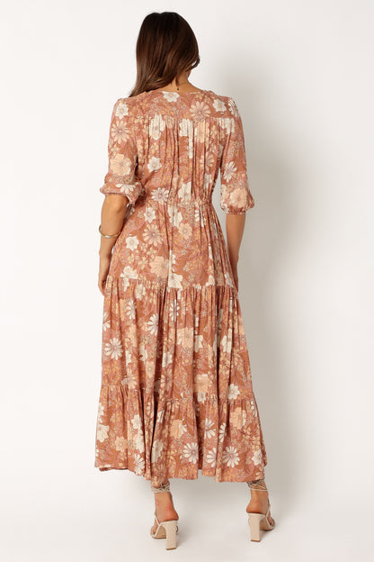 Tan Floral Maxi Dress with V Neckline and Tie Waist – Women's Summer Dress for Effortless Elegance