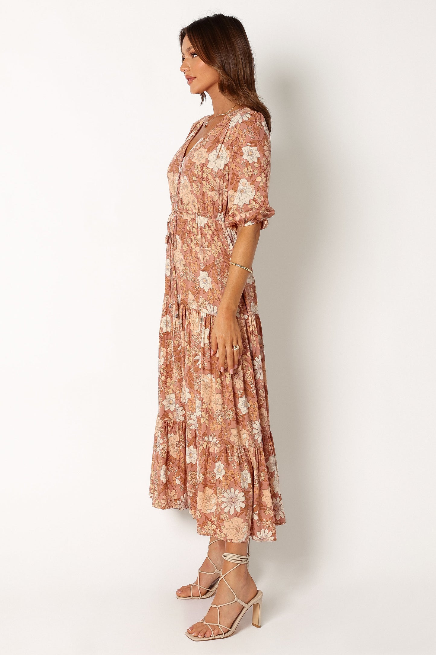 Tan Floral Maxi Dress with V Neckline and Tie Waist – Women's Summer Dress for Effortless Elegance