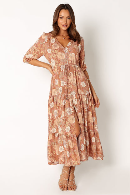 Tan Floral Maxi Dress with V Neckline and Tie Waist – Women's Summer Dress for Effortless Elegance