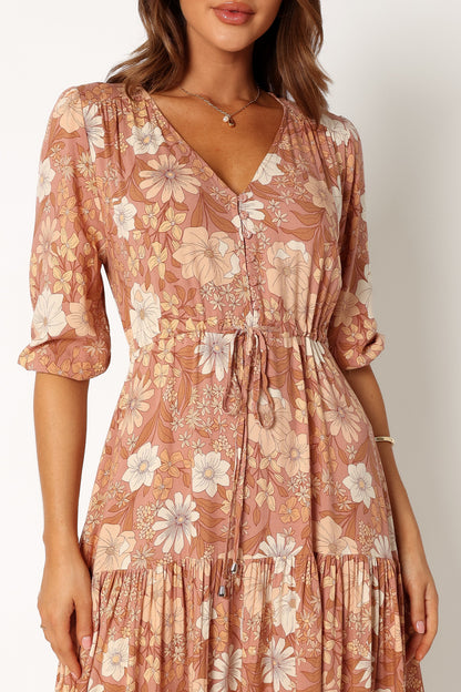 Tan Floral Maxi Dress with V Neckline and Tie Waist – Women's Summer Dress for Effortless Elegance